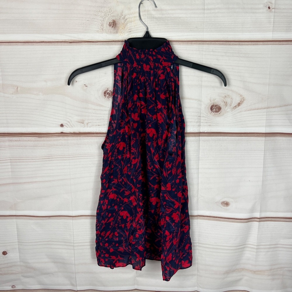 Gilner Ferrar Top Women XS Blue Red Floral Xenia Blouse Smocked Mock Neck Woven